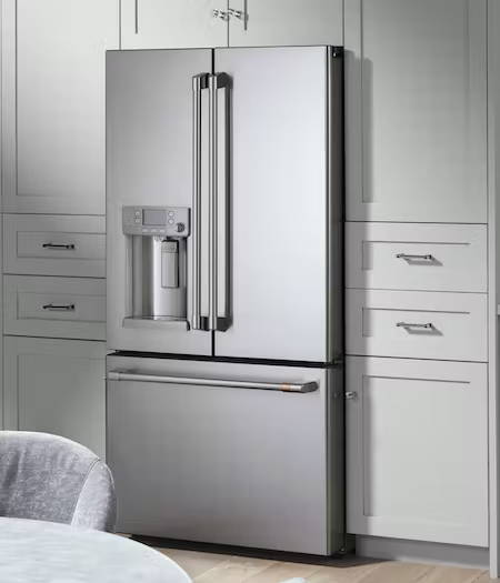 stainless steel french door refrigerator with brushed stainless hardware