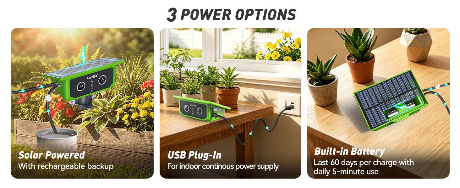 Three power options: Solar, USB, and built-in battery.