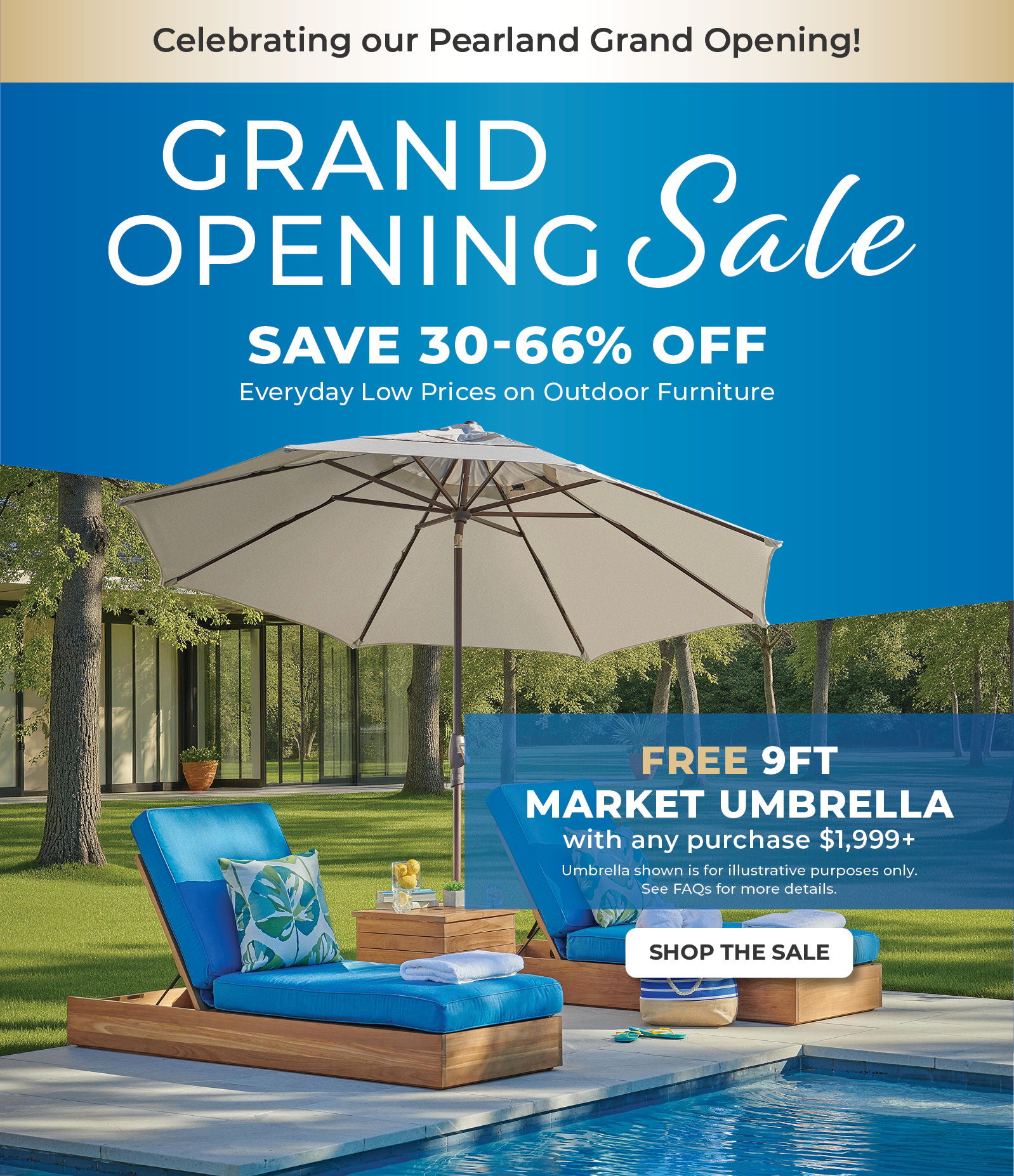Grand opening sale with discounts and free umbrella offer for outdoor furniture.