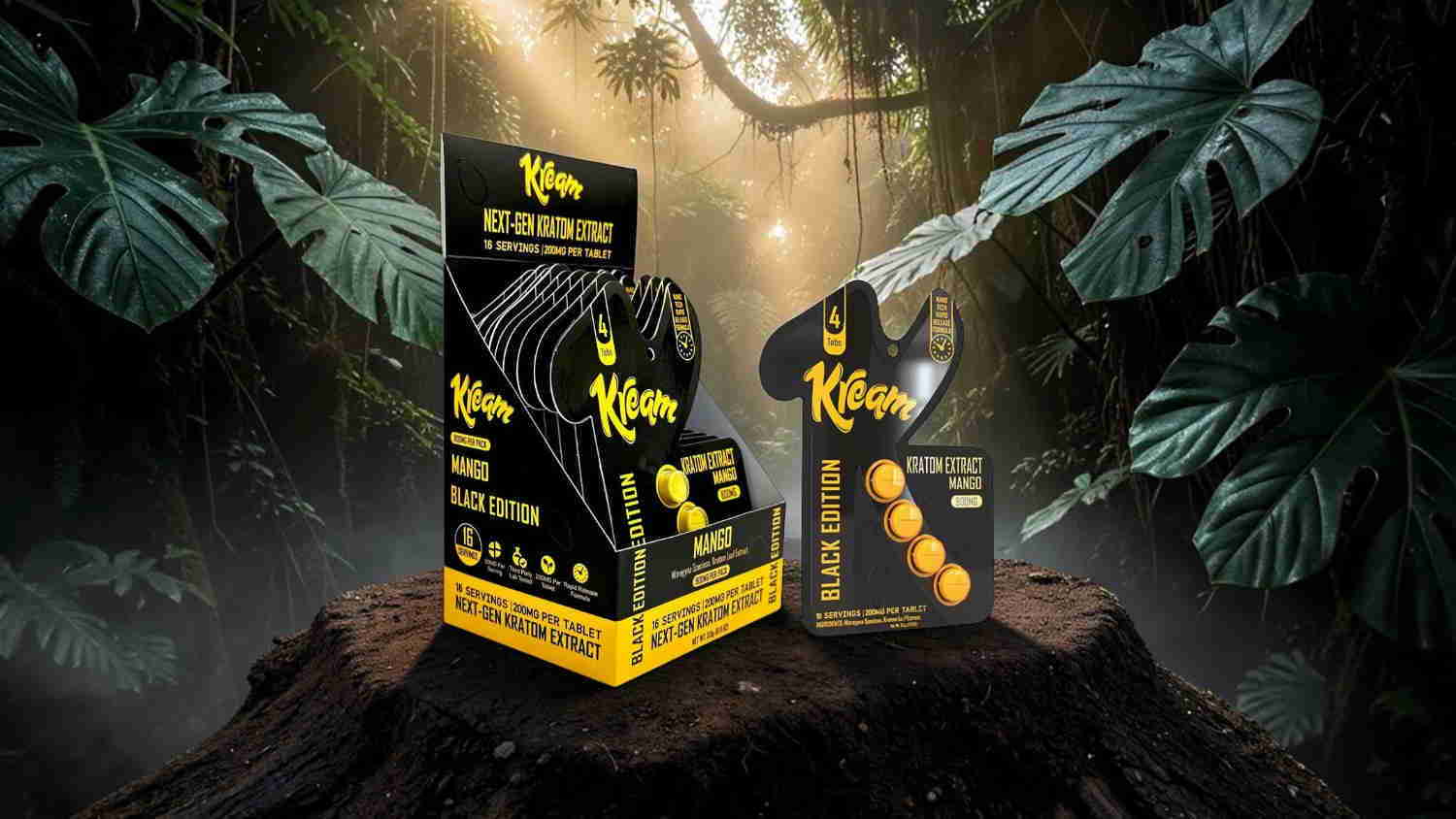 Product packaging displayed in a jungle setting with lush greenery.