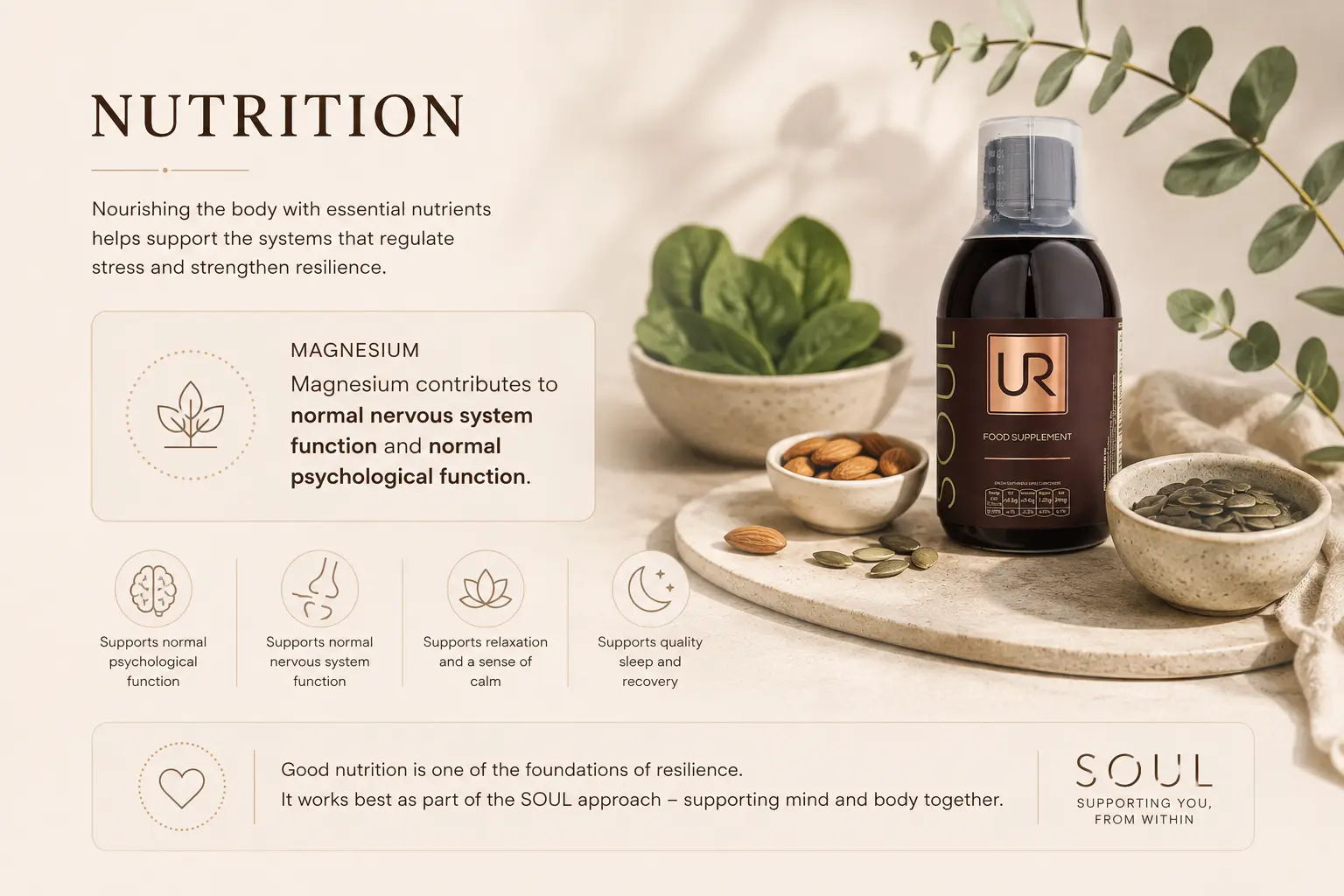 Nutrition products displayed with herbs and a bottle on a neutral background.