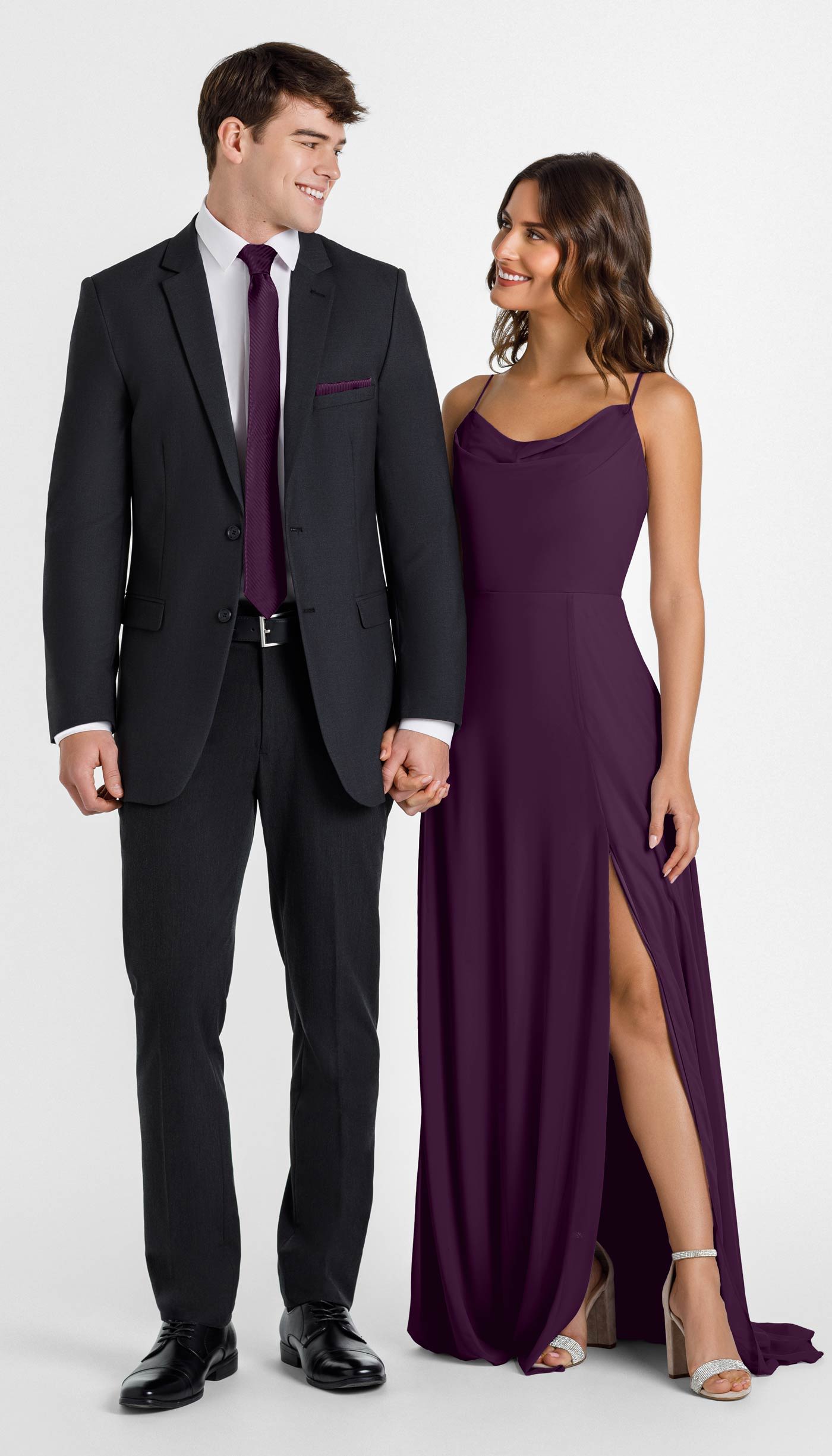 charcoal suit with eggplant bridesmaid dress