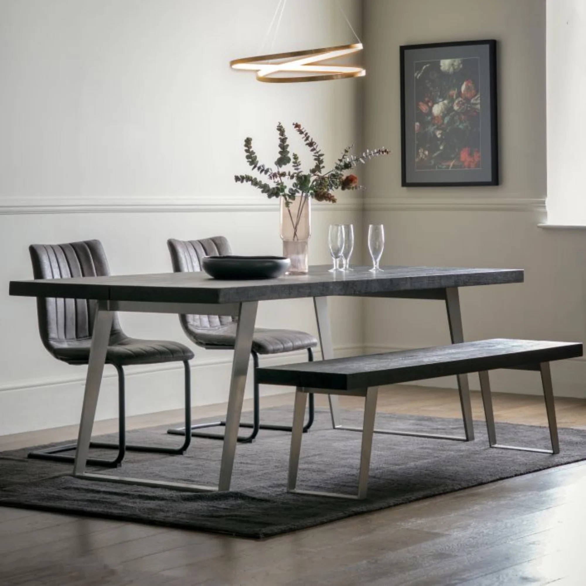 Pimlico Large Dining Table in Black Stained Acacia with Silver Angular Legs | MalletandPlane.com
