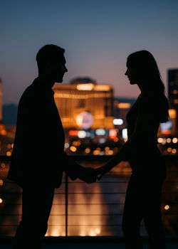 Silhouetted couple facing each other with Las Vegas Strip lights at sunset.