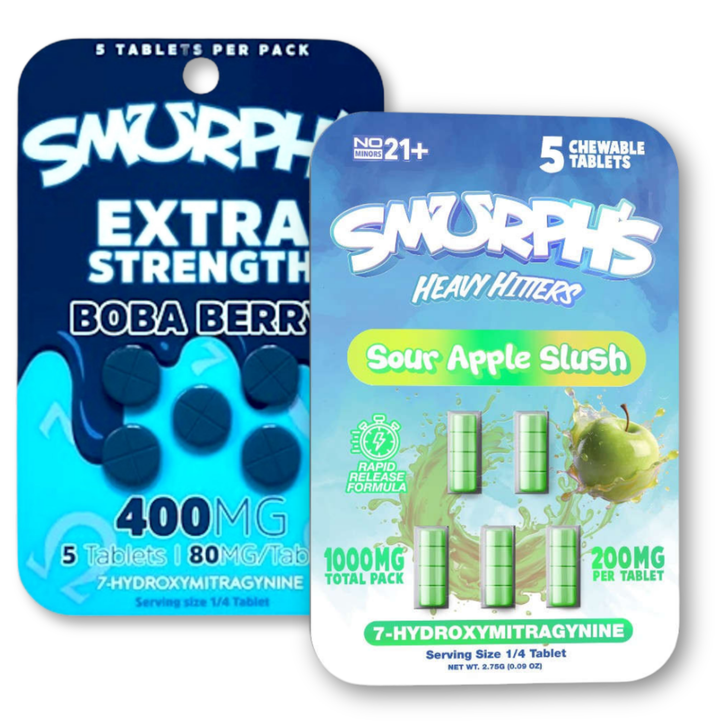 Two packs of Smurph's tablets, one Boba Berry and one Sour Apple Slush.