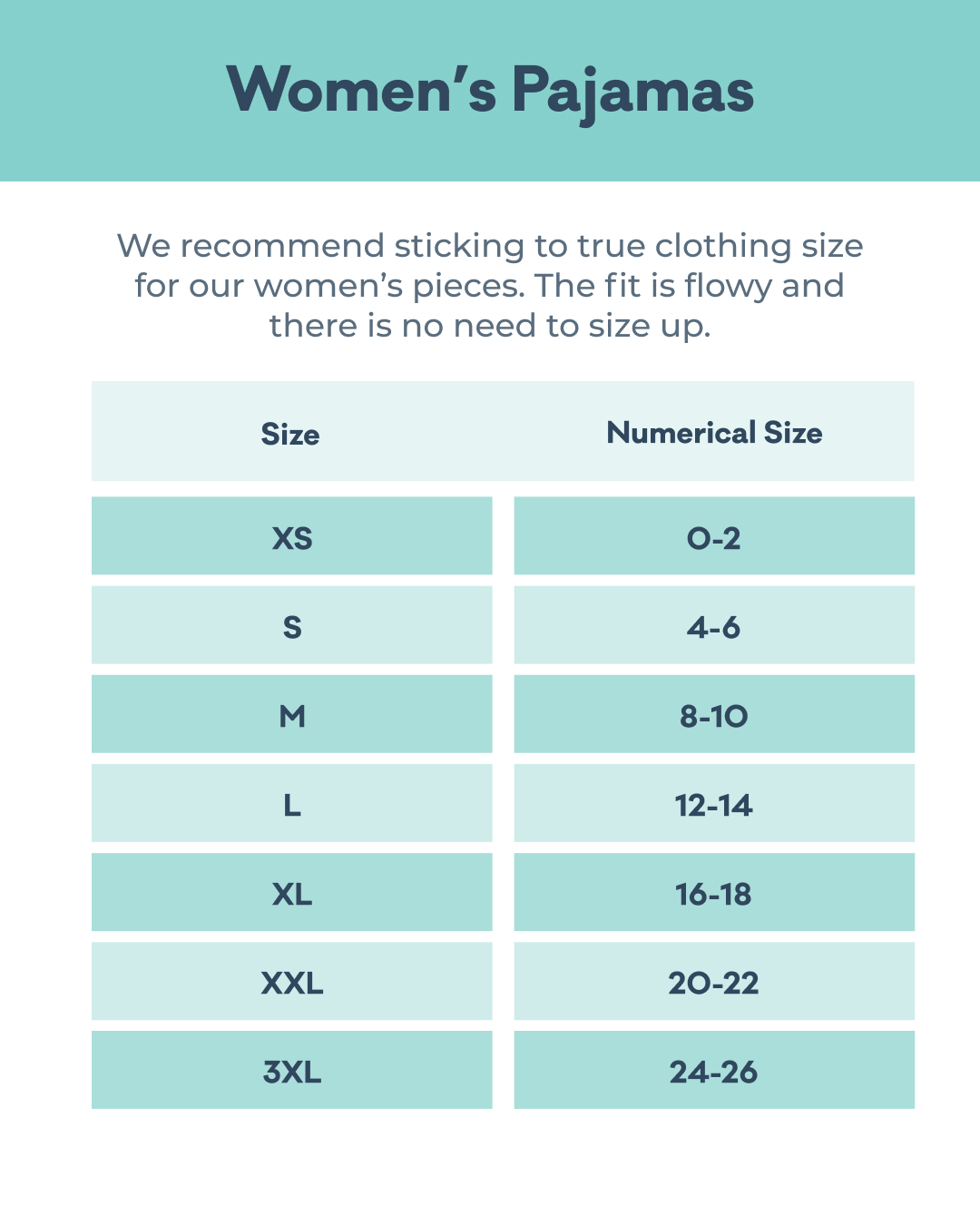 Women's Pajamas Size Chart: XS (0-2); S (4-6); M (8-10); L (12-14); XL (16-18); XXL (20-22); 3XL (24-26)