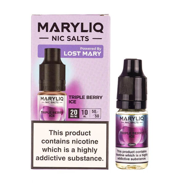 Maryliq Nic Salts e-liquid, Triple Berry Ice flavour, with warning label.