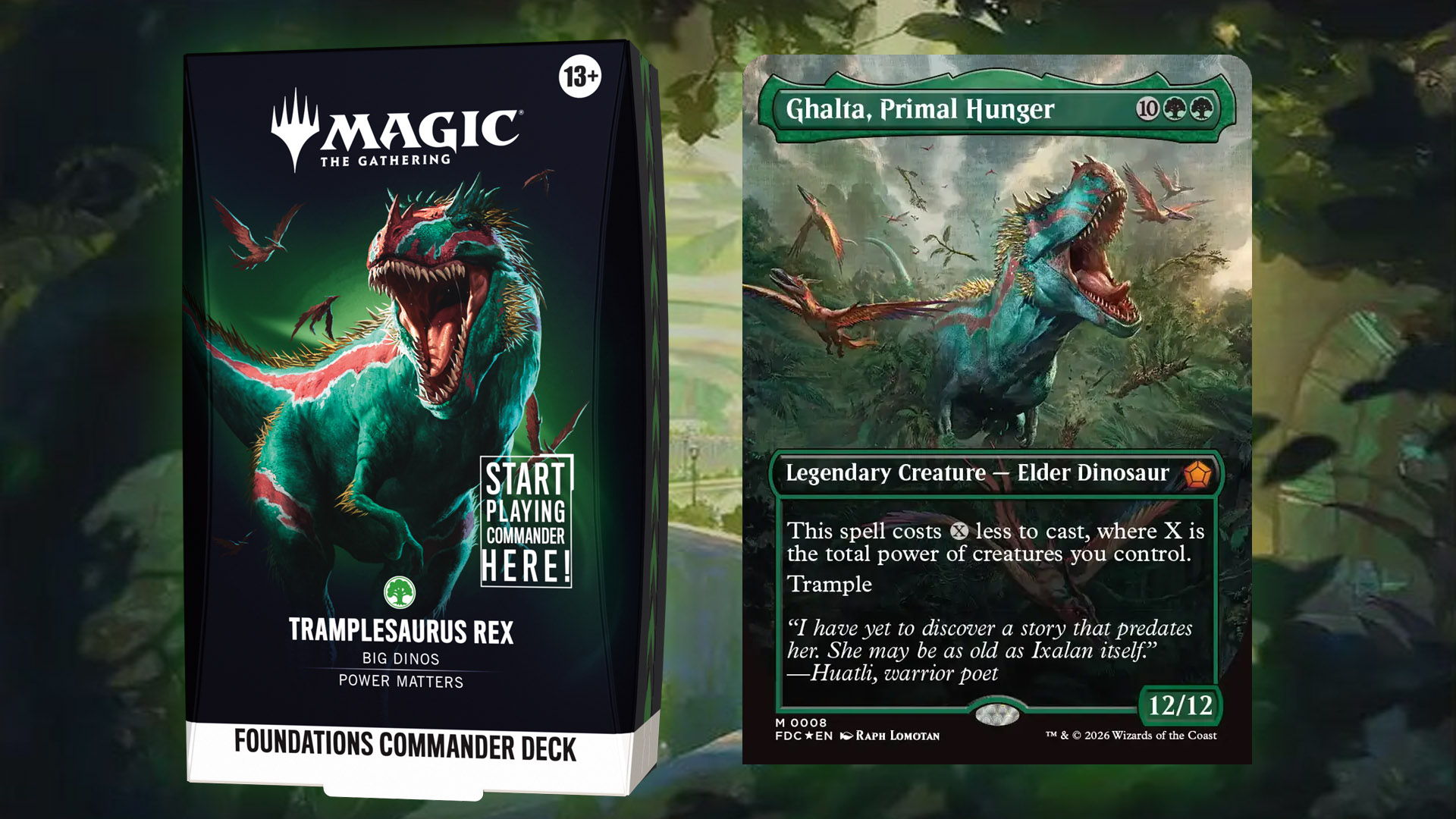 The Magic: The Gathering Foundations Commander Deck Tramplesaurus Rex and its Commander Ghalta, Primal Hunger.
