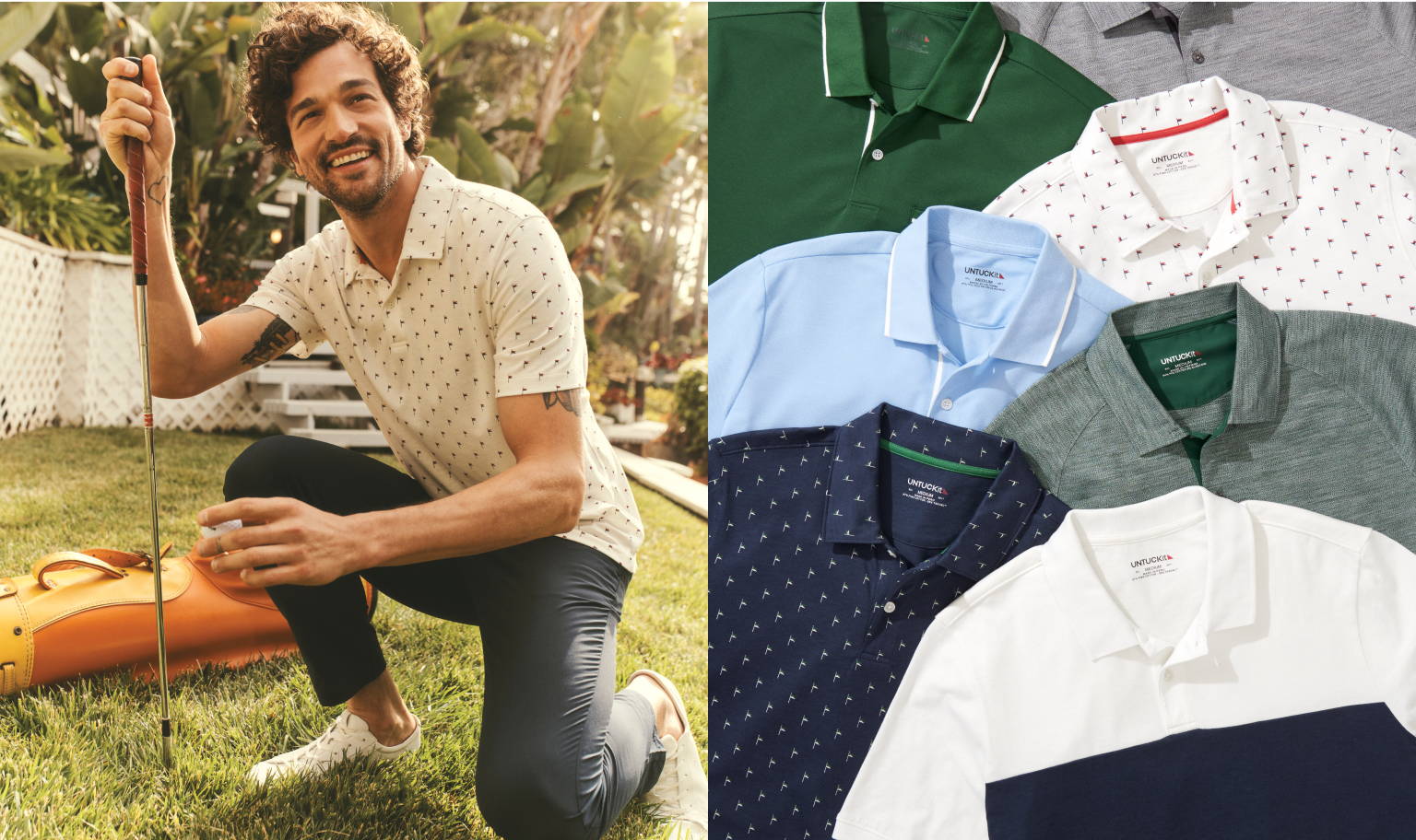 Left image shoes model wearing UNTUCKit Pourret printed Polo with  Chancellor Pants in navy. Right image is of a collection of UNTUCKit polos in various colors. 
