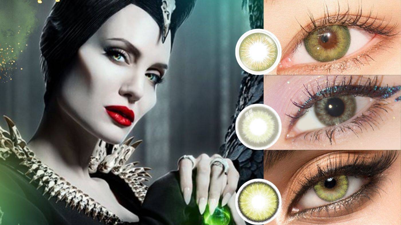 Photo of Angeline Jolie with a collage of close-up eyes with green colored contact lenses