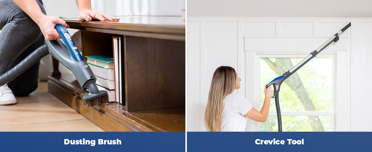 Two cleaning tools: a dusting brush and a circular tool for windows.