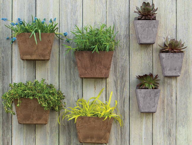 Several gray and brown wall planters with succulents and flowers