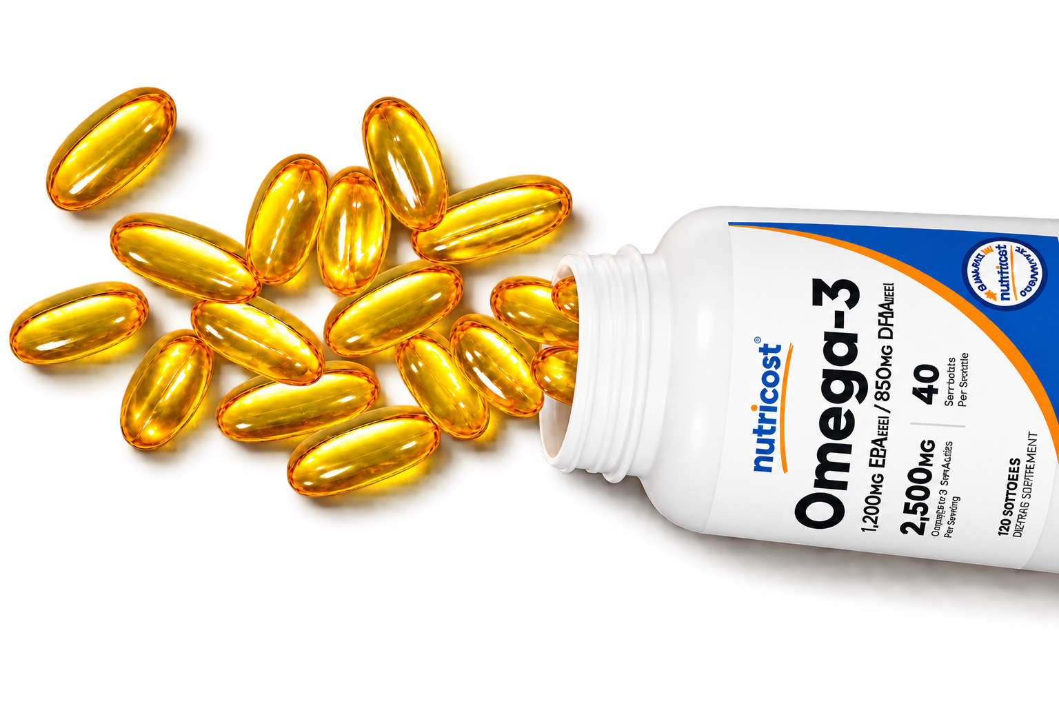 Nutricost Omega-3 softgels spilling out of the bottle
