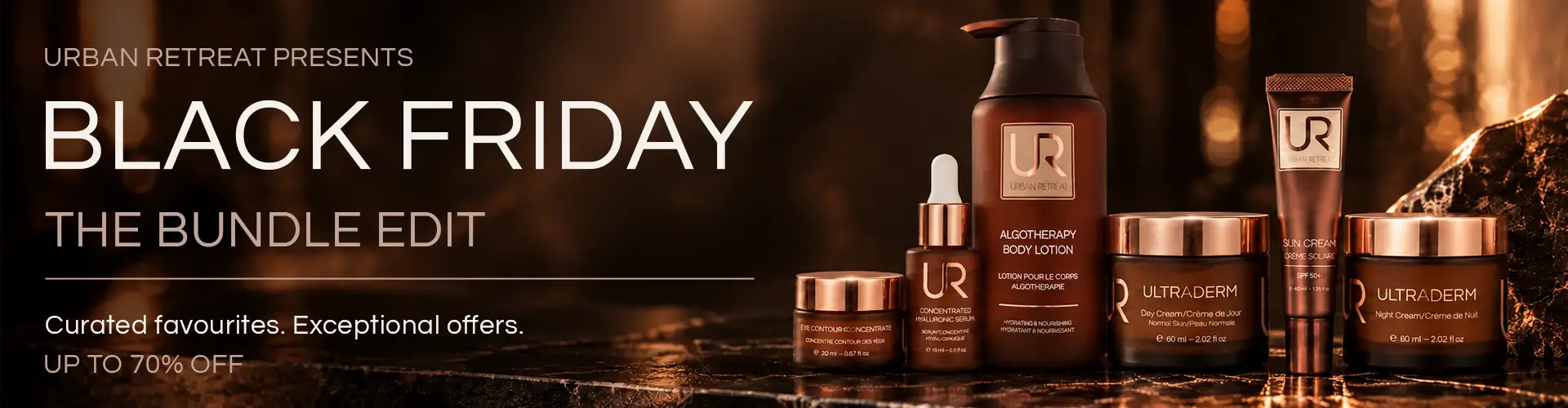 Black Friday promotion featuring a variety of URBAN RETREAT skincare products.