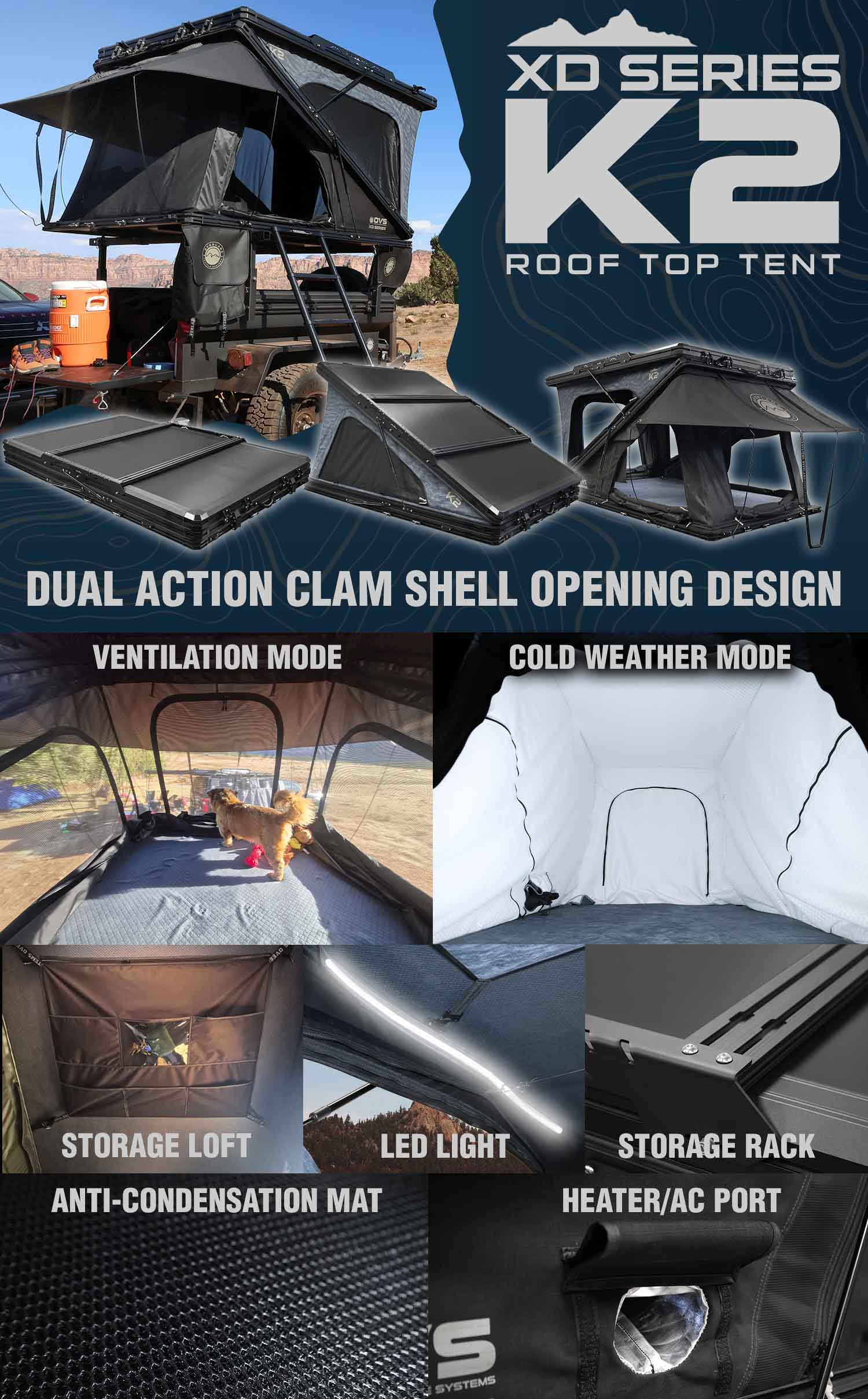 XD Series K2 roof top tent features and specifications.