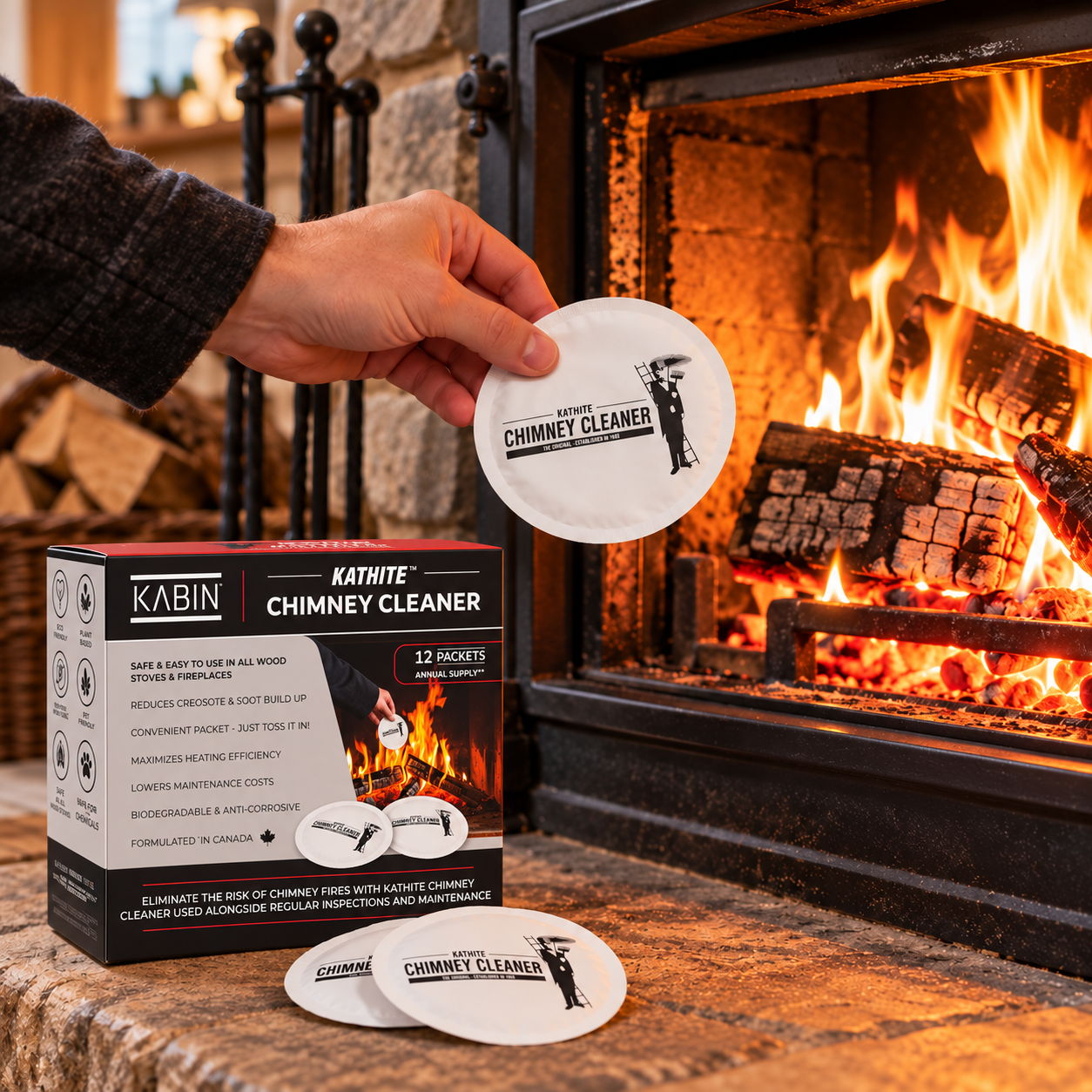 a hand placing a packet with the chimney cleaner in the fireplace