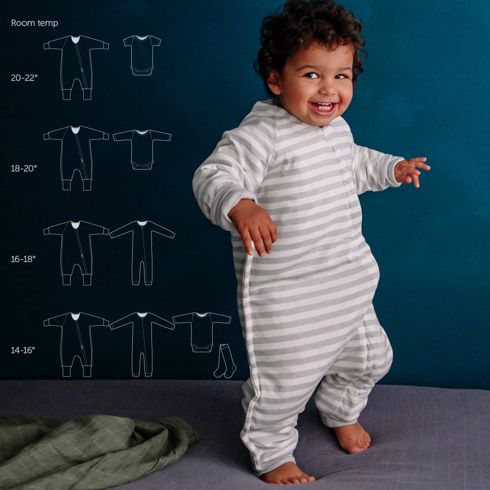 Boy smiling and standing on bed in woolbabe duvet sleeping suit with sleeves. - room temperature and clothing guide