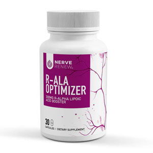 Bottle of R-ALA Optimizer dietary supplement with a white and purple label.