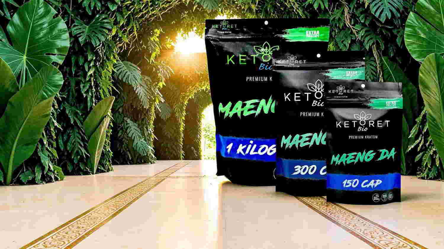 Packaging of supplements displayed in a lush, green environment.