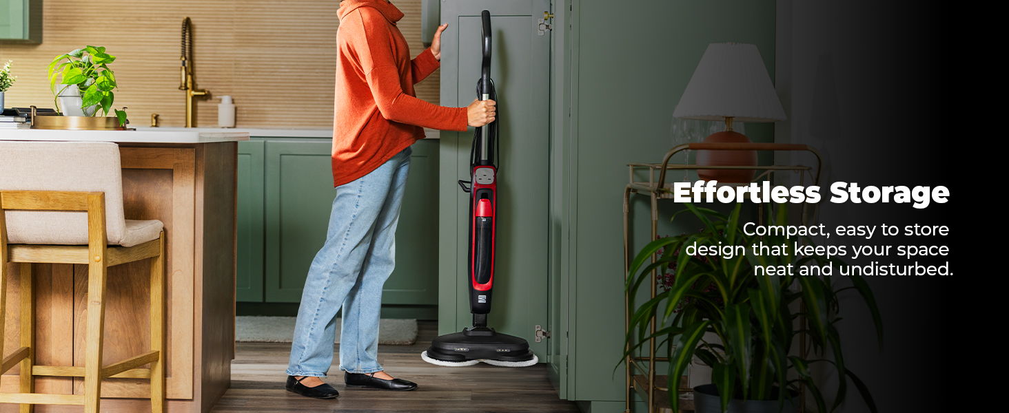 A person is shown placing steam mop into a kitchen cabinet with text about effortless storage