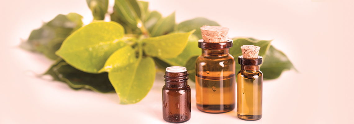 Bottles of essential oils next to fresh green leaves.