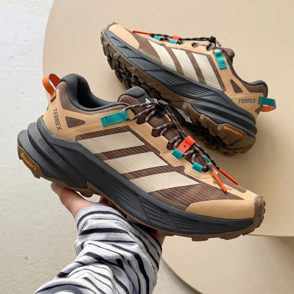 A pair of brown and beige hiking shoes held in hand.