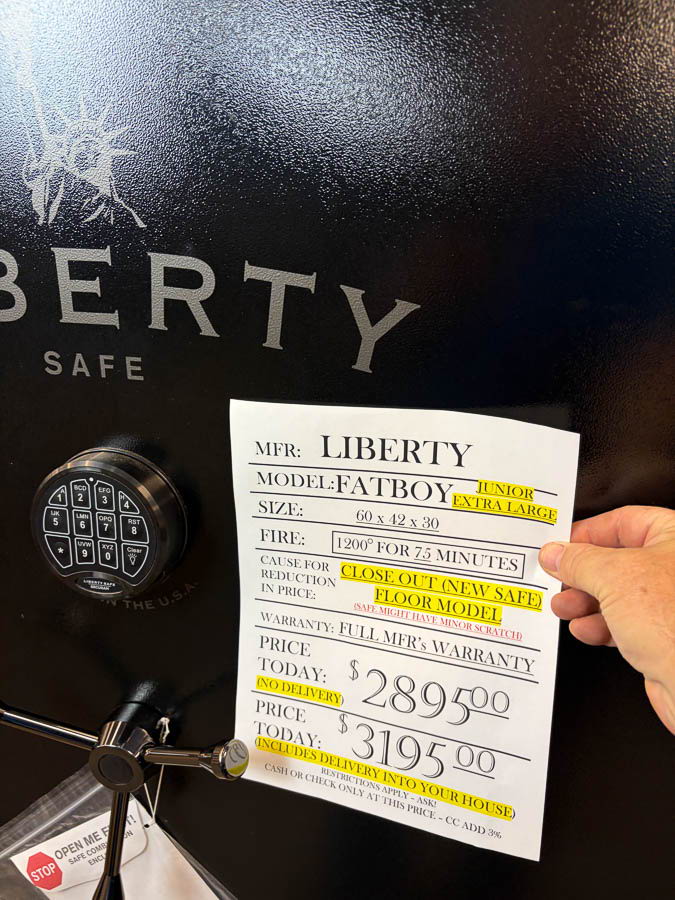 LIBERTY FATBOY JR XL gun safe exterior with sale price tag on door - SES spring cleaning sale
