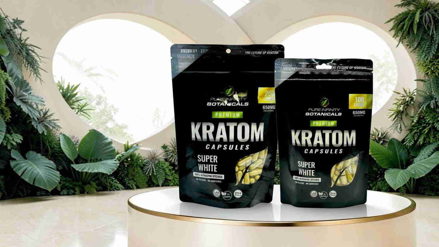 Two bags of Kratom on a display table with greenery background.