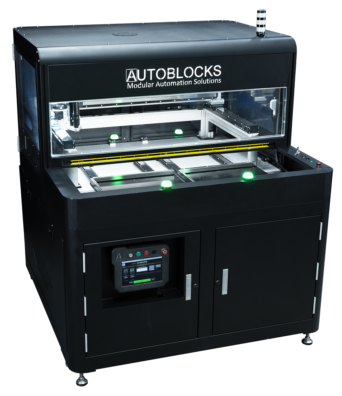 AB-R2 Twin Table PCB Router by AutoBlocks. PCB Depaneling machine for automated PCBA depaneling and precision board cutting.
