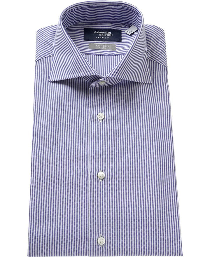 Folded purple striped dress shirt with collar and buttons.