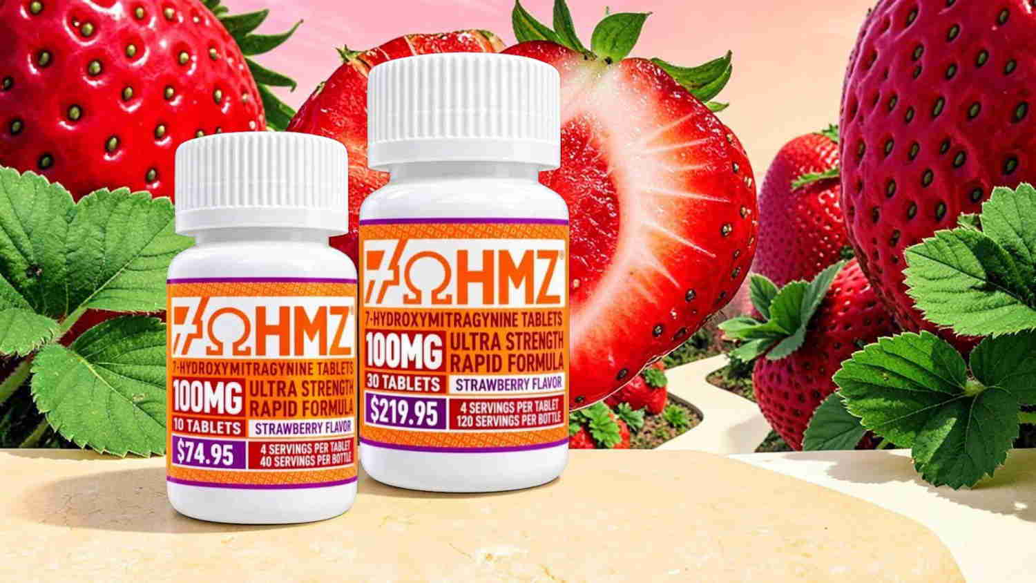 Two bottles of ZOHMZ supplements with strawberries in the background.