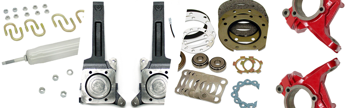 Photo collage of various steering parts for off-road vehicles.