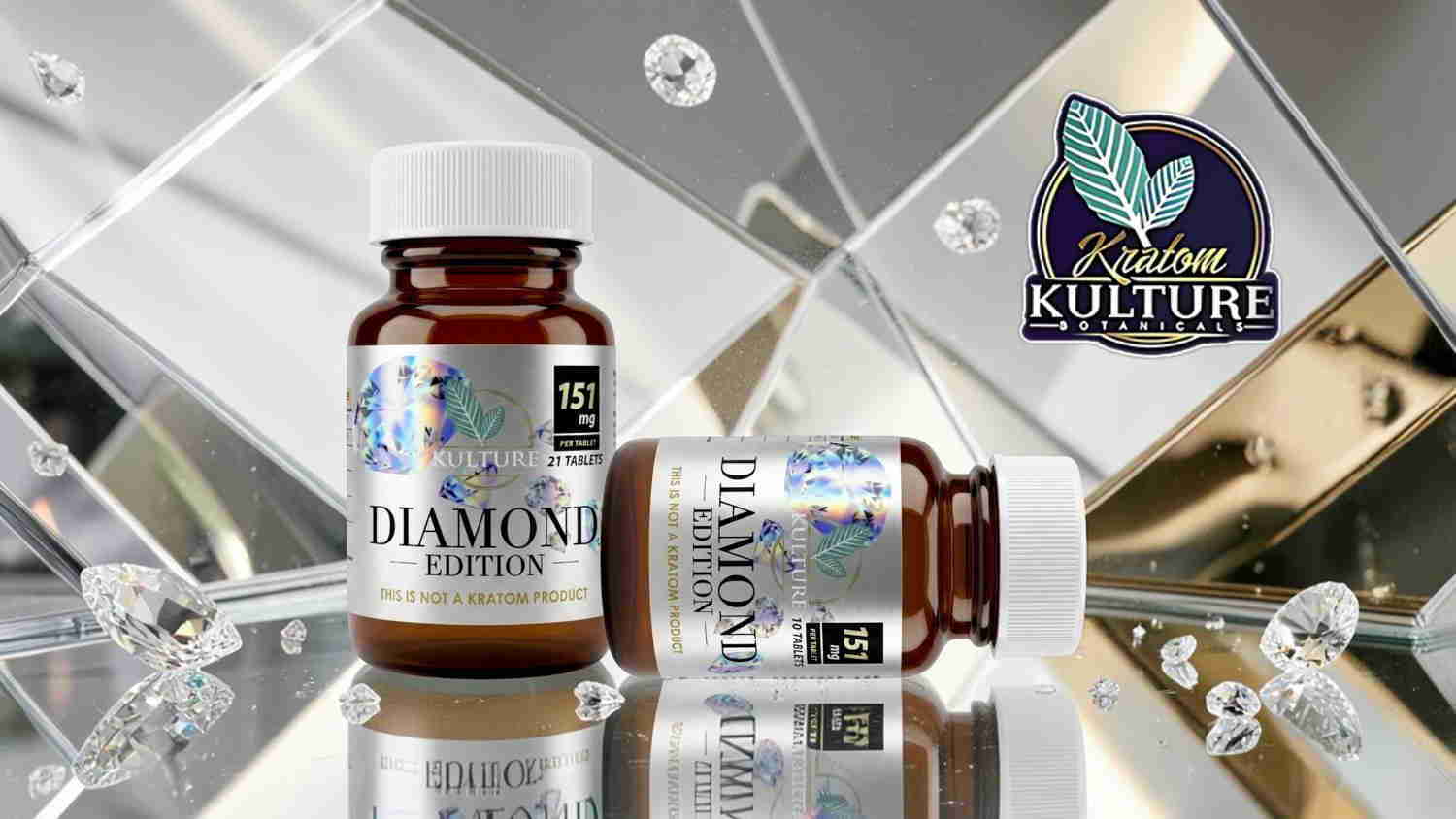 Two bottles of dietary supplements with a diamond theme and logo in background.