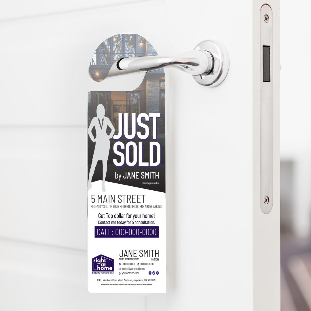Right At Home Realty custom printed real estate door hanger with professional property marketing design.