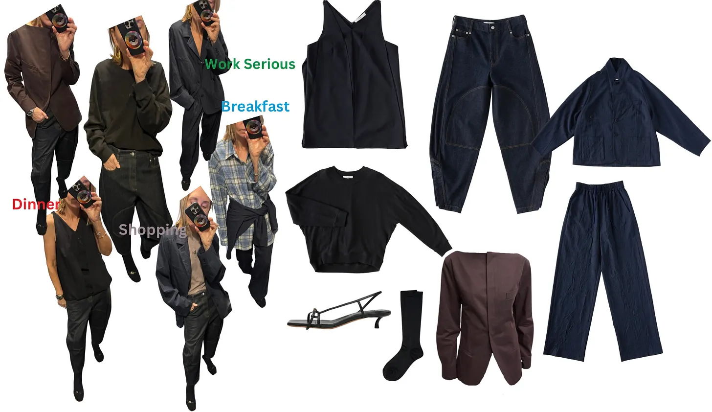 Fashion outfits displayed with various clothing items and accessories.