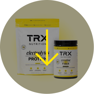 TRX Nutrition protein and fiber supplements in yellow packaging.