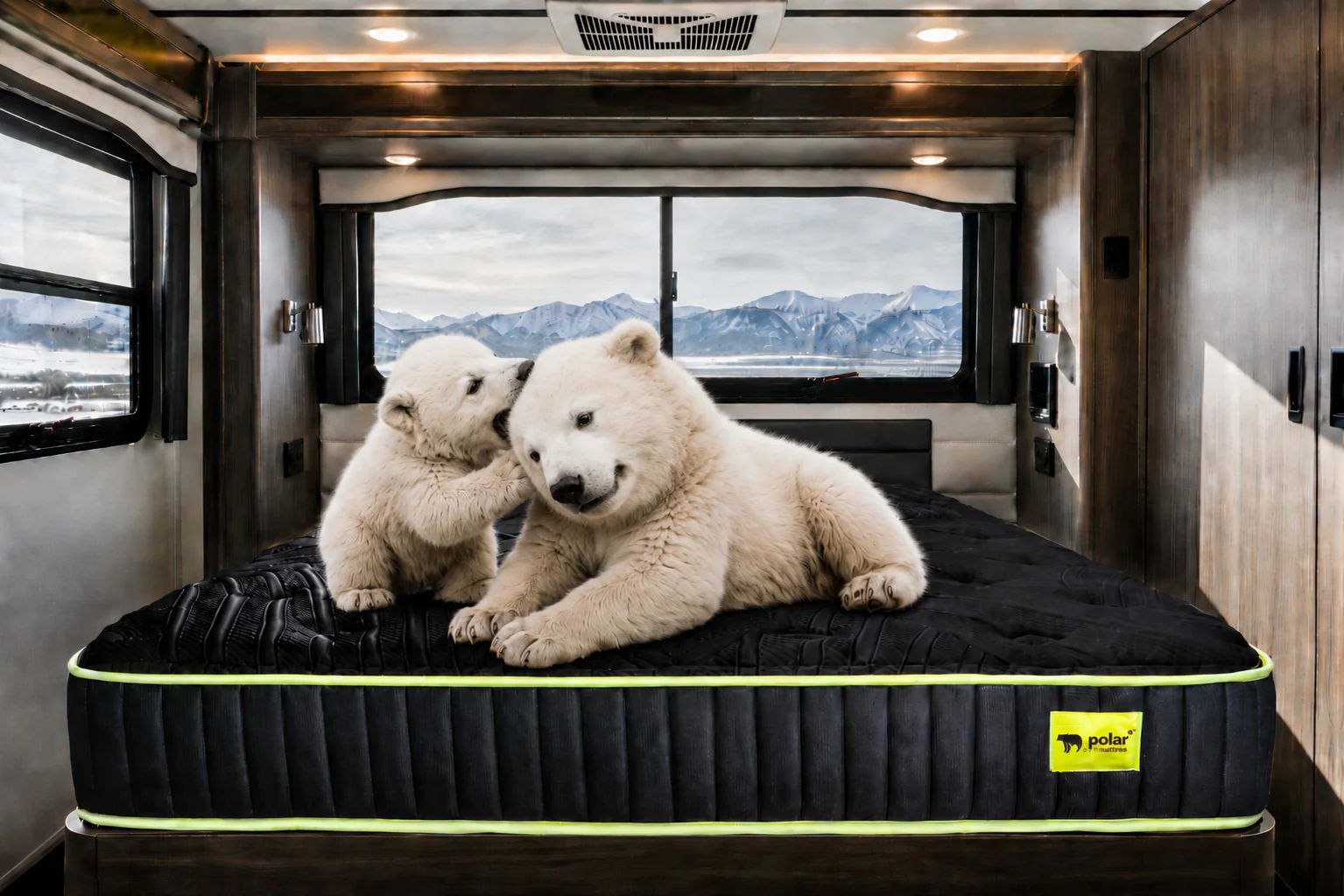 A baby and juvenile polar bear playing on a cooling RV mattress