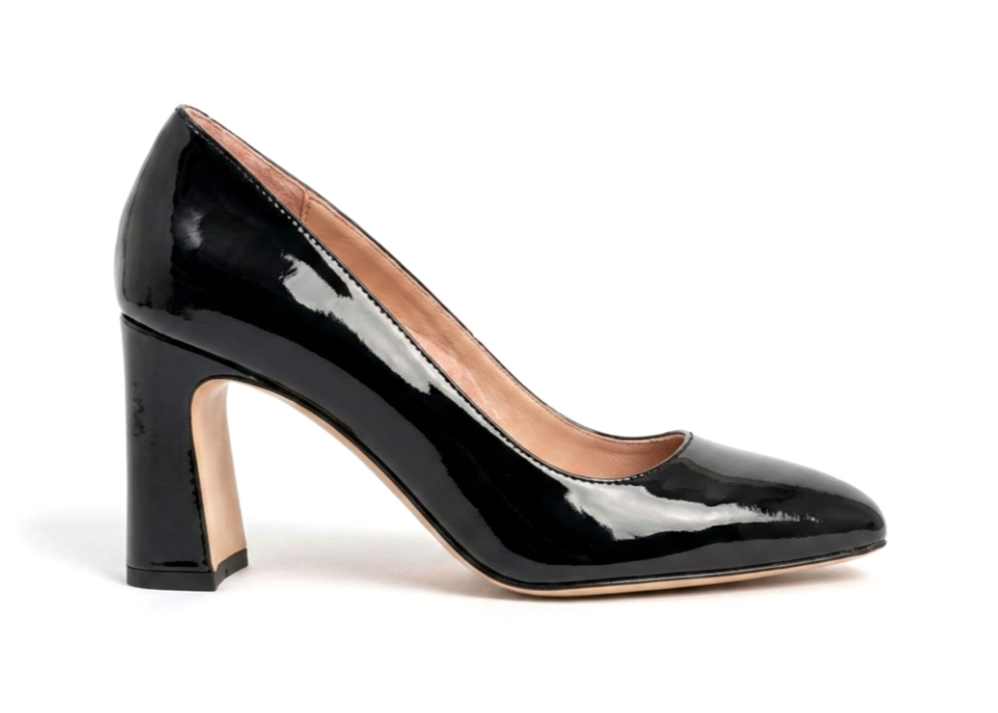 Black patent leather high heel shoe with a block heel.