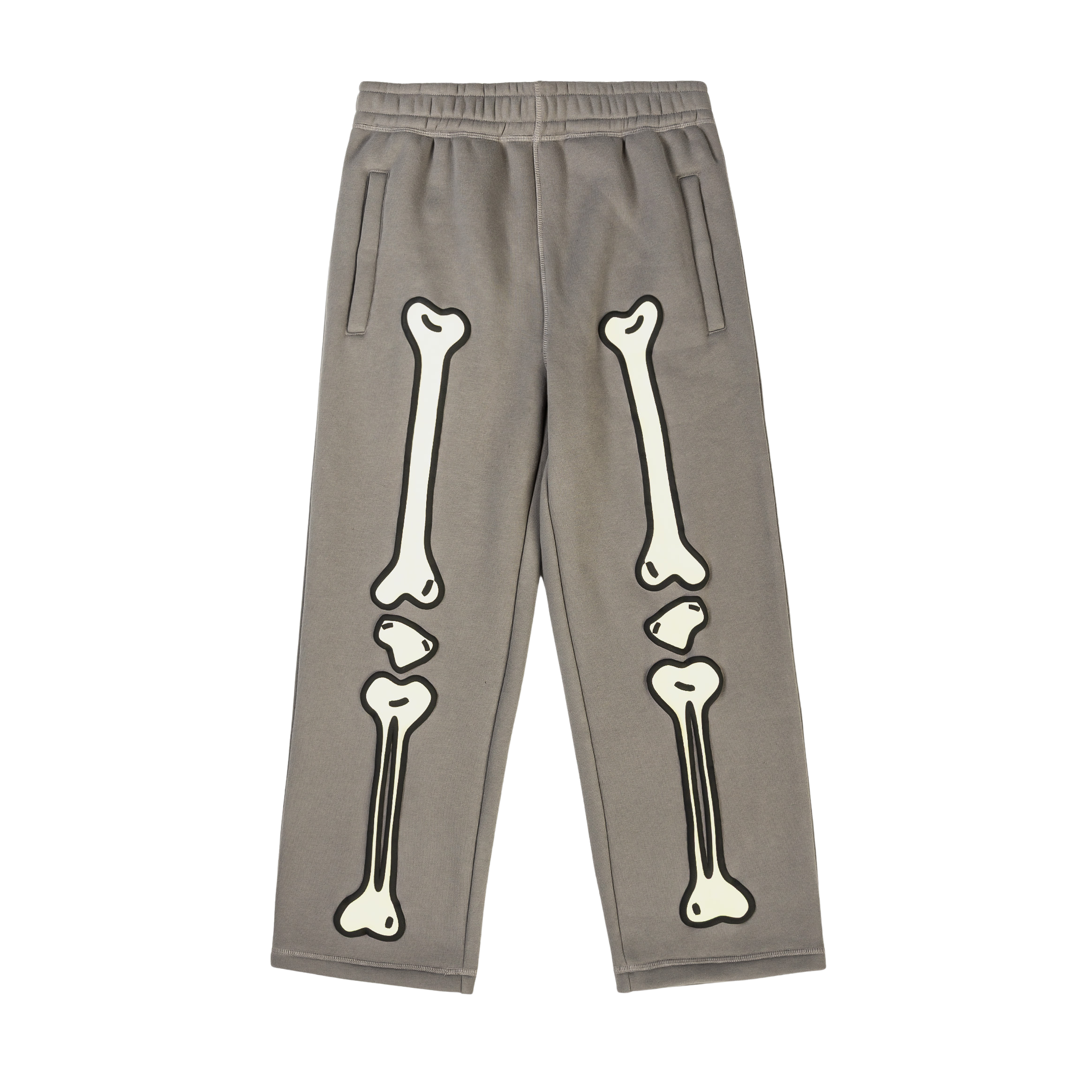 Gray sweatpants with printed white bone designs on the sides.