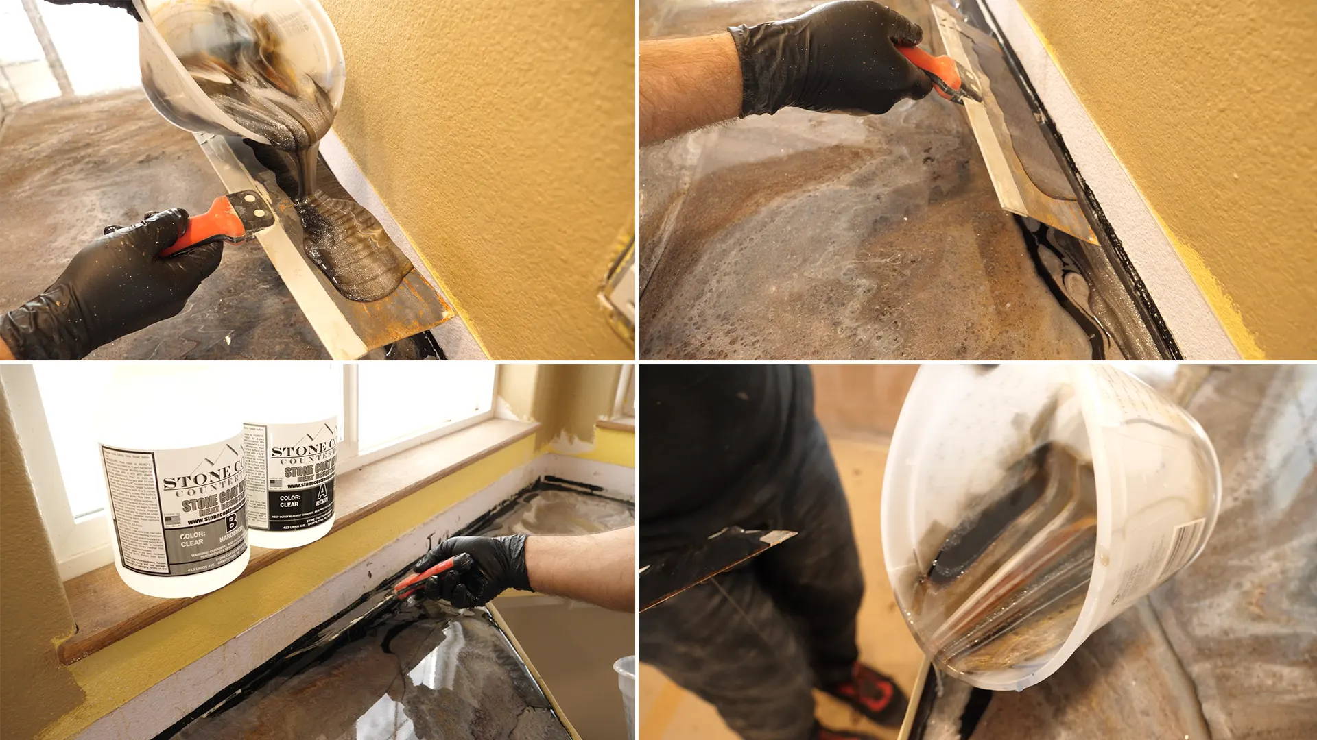 Utilizing a drywall knife to apply epoxy in hard-to-reach areas near the wall, pouring slowly along the tape edge to fill gaps.