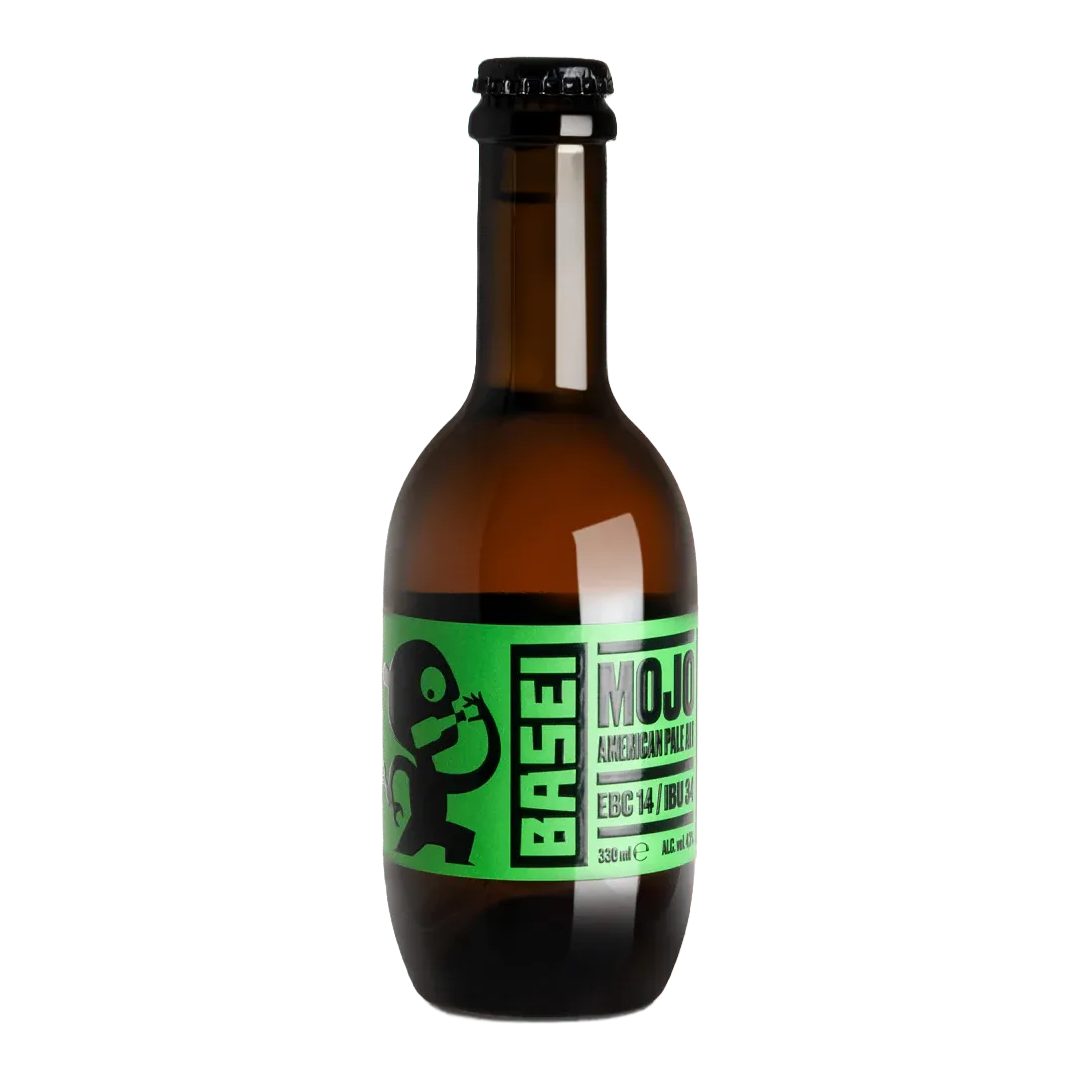 Bottle of Basei beverage with green label and playful design.