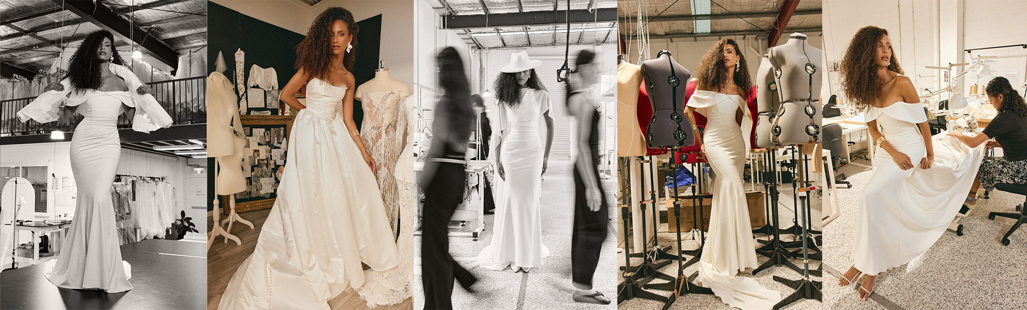 Models showcasing elegant dresses in a fashion studio setting.