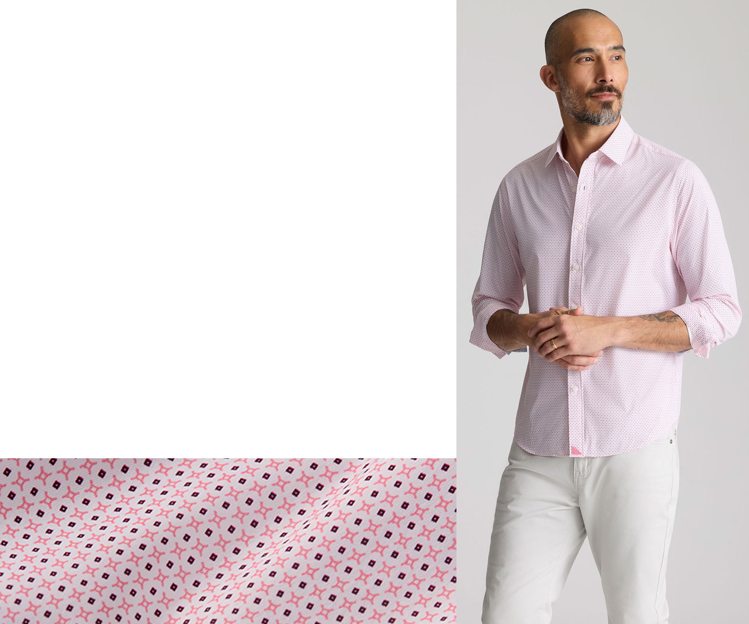 Man wearing a pink shirt with a patterned fabric swatch below.