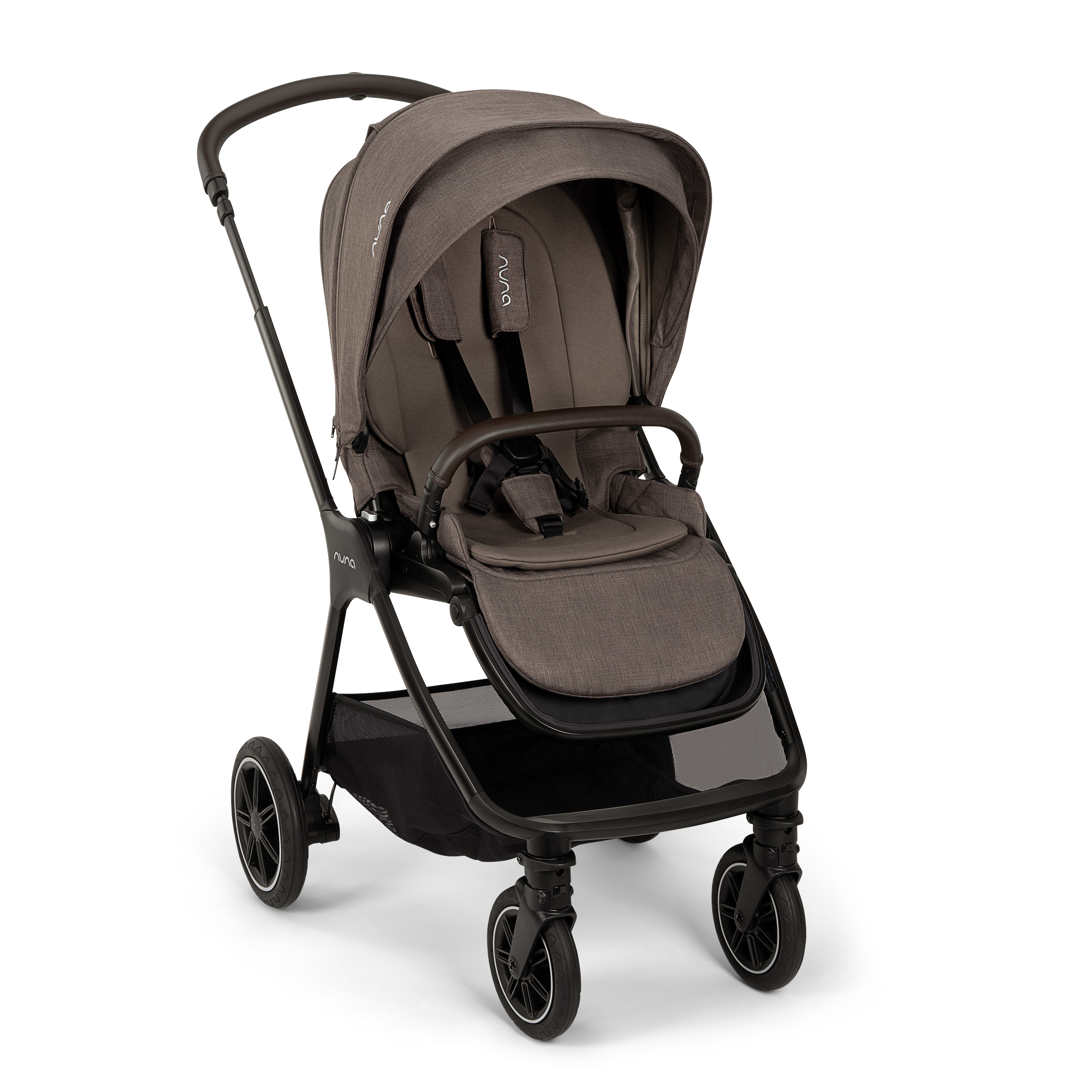 A modern, stylish baby stroller in a neutral color.
