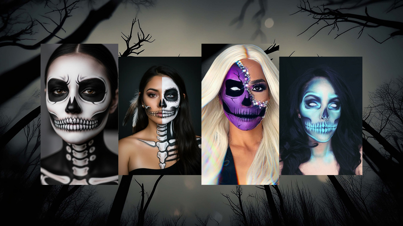 Skull makeup looks ranging from sweet glam styles to scary skeleton face paint for cosplay inspiration