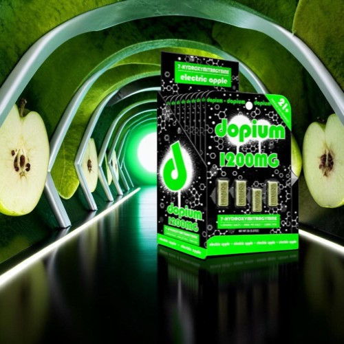 A green and black product box in a futuristic apple-themed tunnel.
