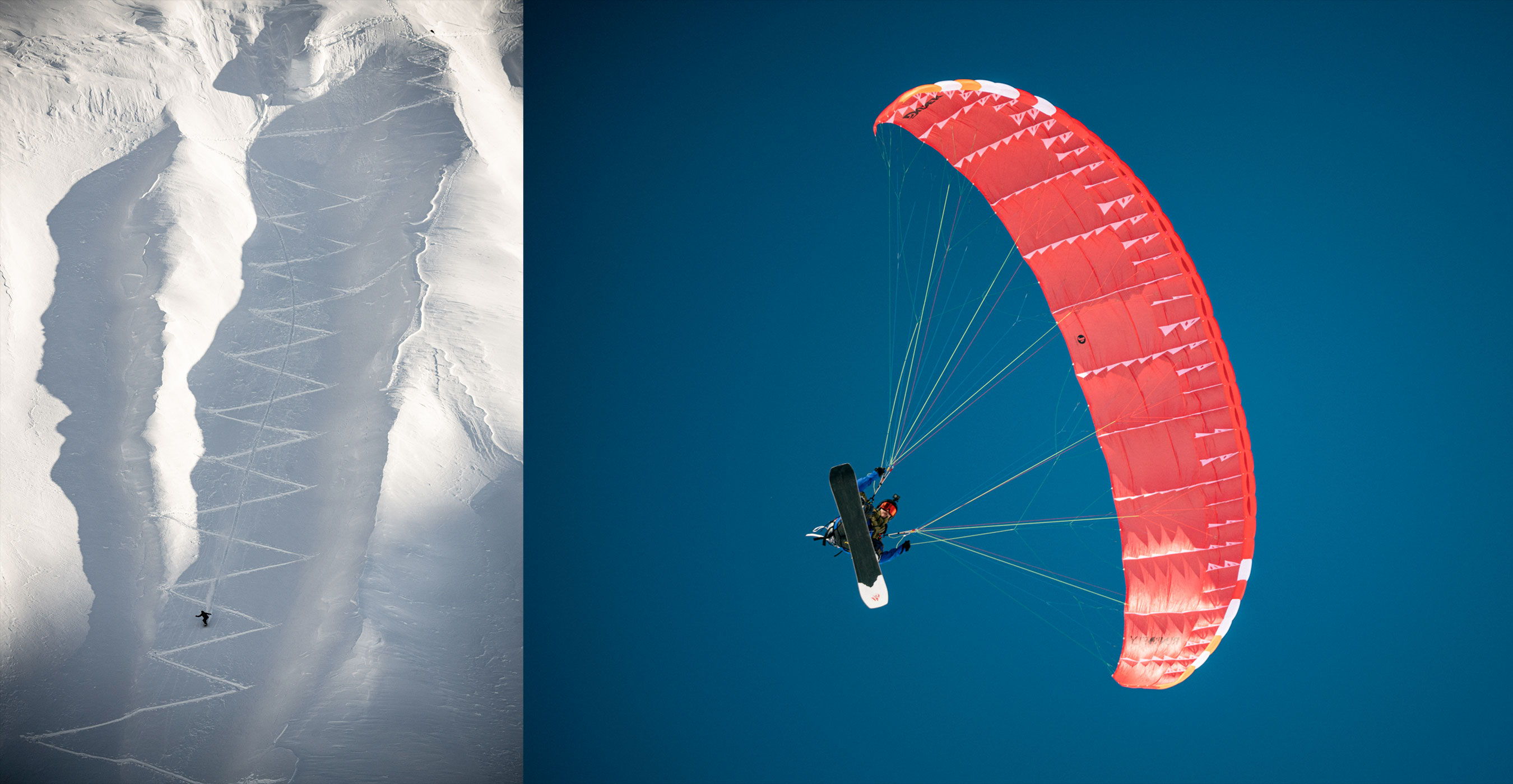 Snow formations beside a person paragliding with a red parachute against a blue sky.