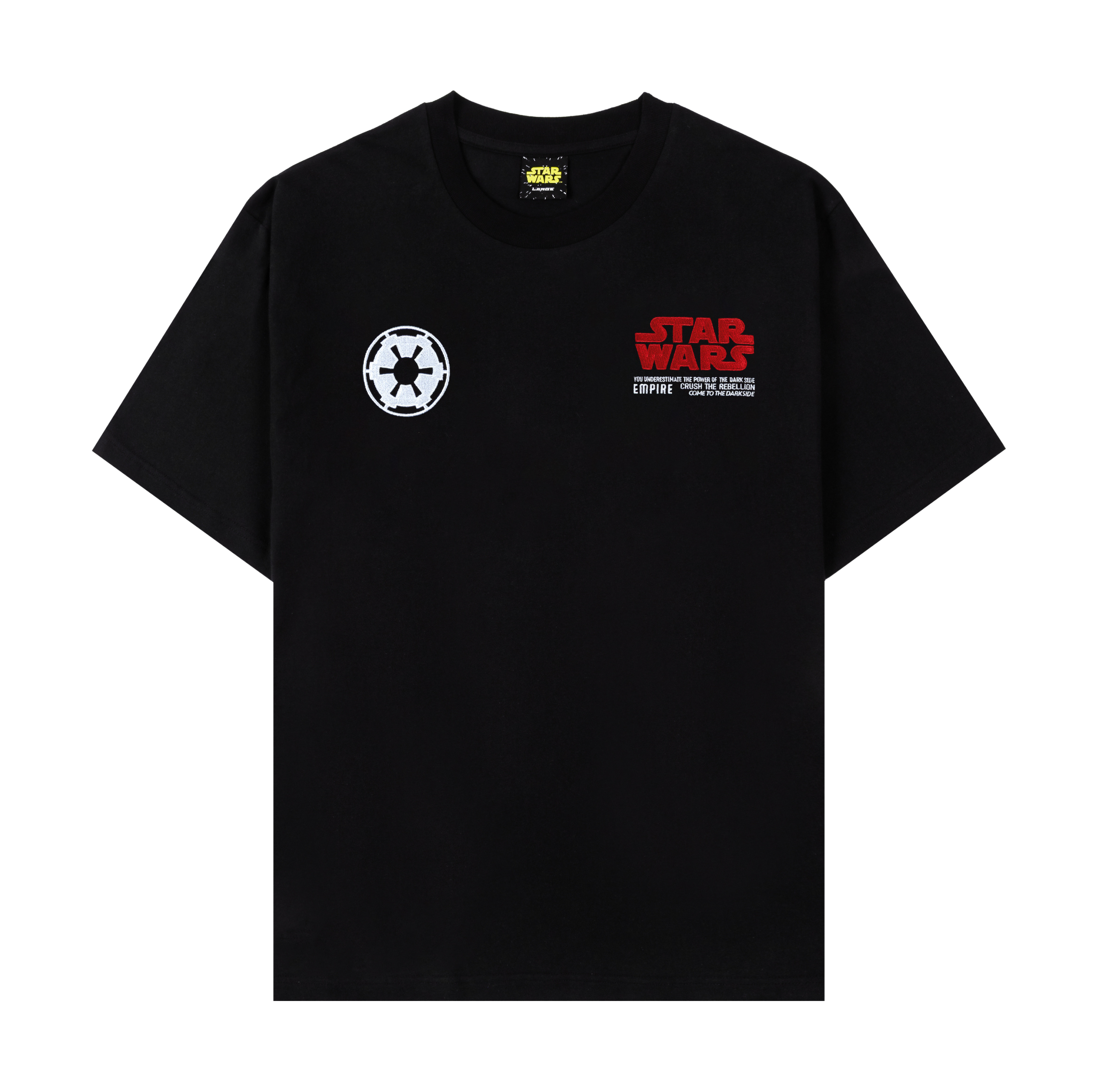 Black t-shirt featuring Star Wars logo and Imperial emblem.