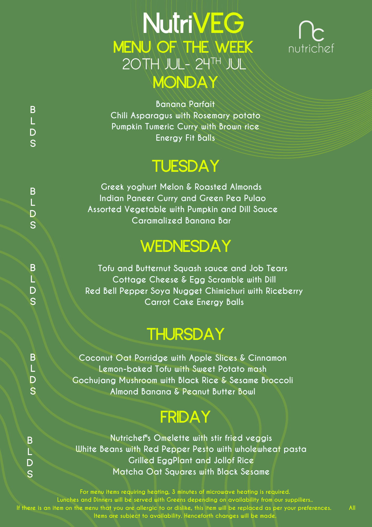 NutriVeg weekly vegetarian menu of the week - balanced breakfast, lunch and dinner meals
