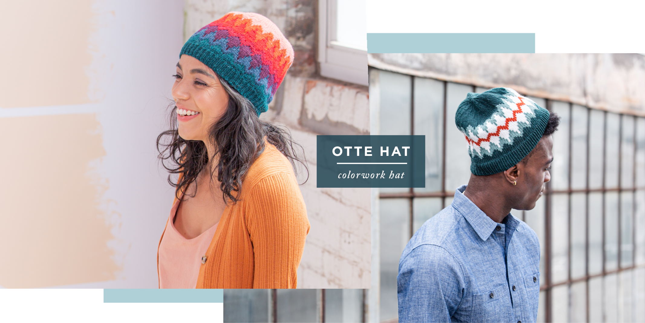 Two images showing modeled side views of two versions of Otte Hat: colorwork hat